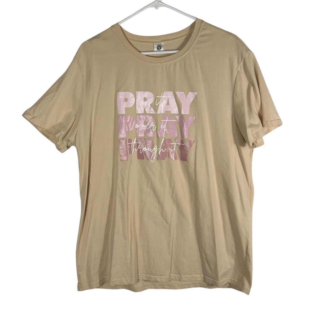 Y Brand Women XL Tan Pray On It Over It Through It Graphic T-Shirt Cotton Blend